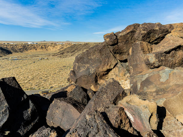Ancient Carvings on Mesa Point Trail in Boca Negra Canyon, Ancient Carvings on Mesa Point Trail in Boca Negra Canyon, Petroglyph National Monument, Albuquerque, New Mexico, USA albuquerque volcanoes stock pictures, royalty-free photos & images