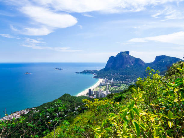Aerial view of Gavea Beach and the Rocinha favela, as seen from the top of the Two Brothers Hills. In Rio de Janeiro, Brazil