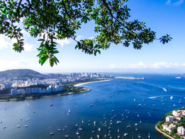 A nostalgic analog film scan of Guanabara Bay in Rio de Janeiro, Brazil, featuring dozens of sailboats anchored in the foreground and Sugarloaf Mountain under a hazy sky