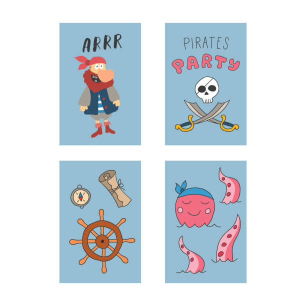 istock Cute Pirate cards set. Cartoon sea adventures cards collection. Vector illustration 2189426193