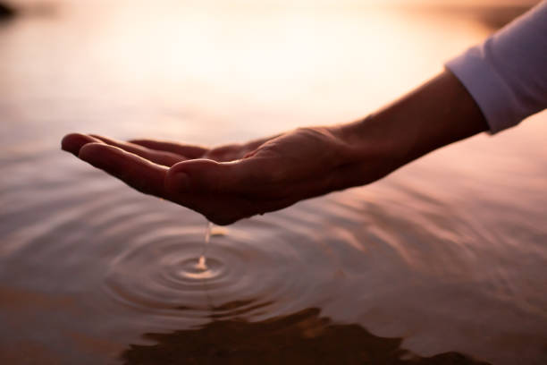 istock A female hand touching the river water at sunset. 2189430235