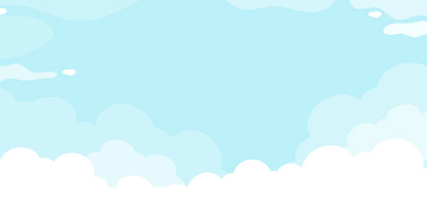 himmelblauer hintergrund, vektor flacher stil klare himmelswolke. sonniger tag mit sonnenlicht morgen im winter, horizont natur landschaft tageslicht am nachmittag sommer, frühling natürliche abstrakte für tapete im kinderzimmer - wolken stock-grafiken, -clipart, -cartoons und -symbole
