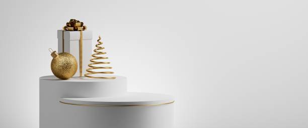 istock 3d render. Abstract minimalist Christmas background. Festive ornaments placed on high podiums. Holiday showcase, mockup for product presentation 2189432520