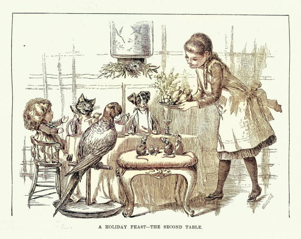 Girl serving Christmas dinner to her pets and doll, Victorian 19th Century, Vintage illustration 1880s