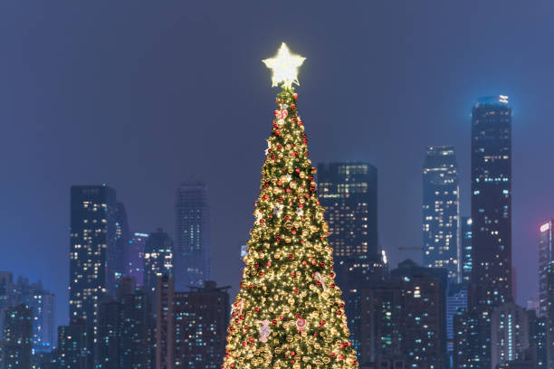istock decorated christmas tree with modern cityscape and skyline, sky for copyspace. 2189438593