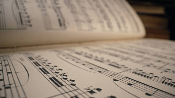 istock Macro background of saved medieval book with ancient musical notes writings. Texture of old handwritten classical symphony, beautiful melody, hobby concept. 2189443122
