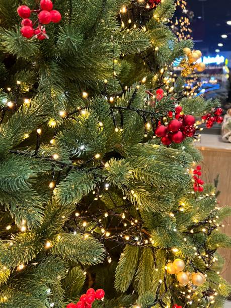 istock A close-up of a beautifully decorated Christmas tree with warm white string lights, red berries, and golden ornaments. 2189449077