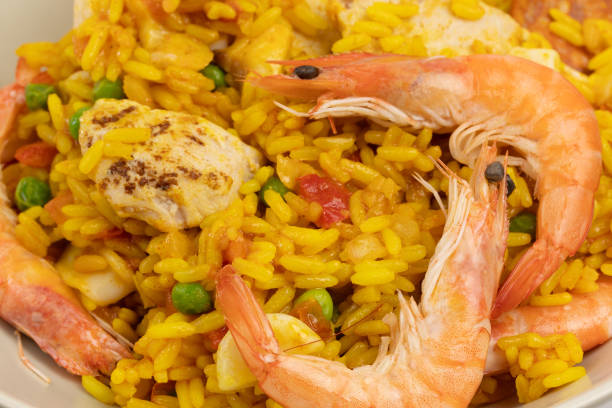 plate of paella, top view, close up