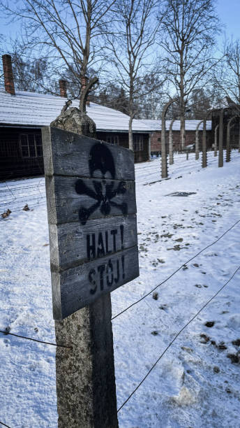 Auschwitz, Poland - November 30, 2023: The iconic wooden warning sign with a skull and crossbones stands starkly in the foreground, surrounded by barbed wire fences and snow-covered ground. The muted colors and bare trees add to the eerie, haunting atmosphere, reminding viewers of Auschwitz’s tragic past.
