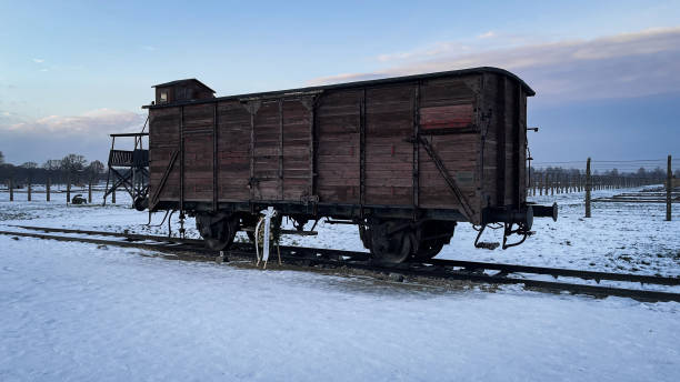 Auschwitz, Poland - November 30, 2023: A weathered wooden train car sits eerily still on snow-covered tracks at Auschwitz-Birkenau. The dark wood contrasts with the white snow, creating a haunting reminder of its tragic history. The distant fences and watchtowers add to the solemn atmosphere.
