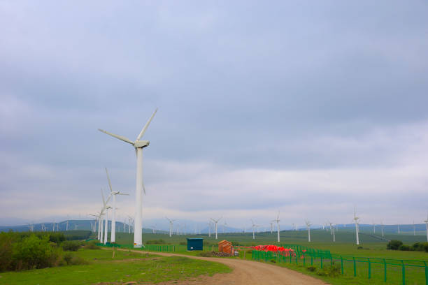 Wind energy installations in the countryside.. Wind turbines work on a simple principle: instead of using electricity to make wind—like a fan—wind turbines use wind to make electricity. Wind turns the propeller-like blades of a turbine around a rotor, which spins a generator, which creates electricity.