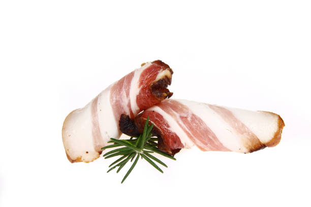 istock Smoked bacon slices, isolated on white background 2189470761