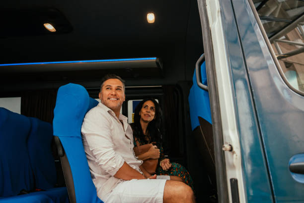 Couple arriving at hotel on vacation