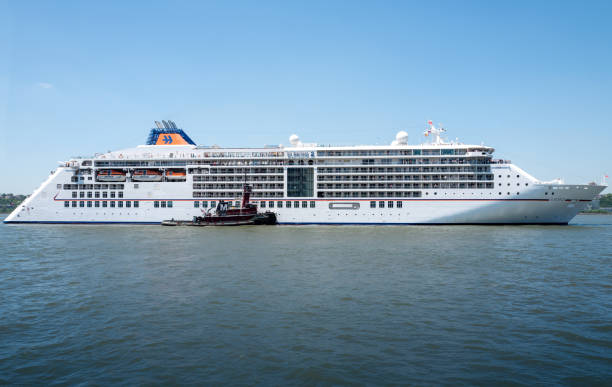 New York, USA - June 6, 2024: Europa 2 cruise ship on the Hudson river coming to New York City port of call.