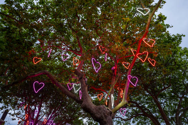 istock Heart-shaped decorative Christmas lights on a tree 2189487354