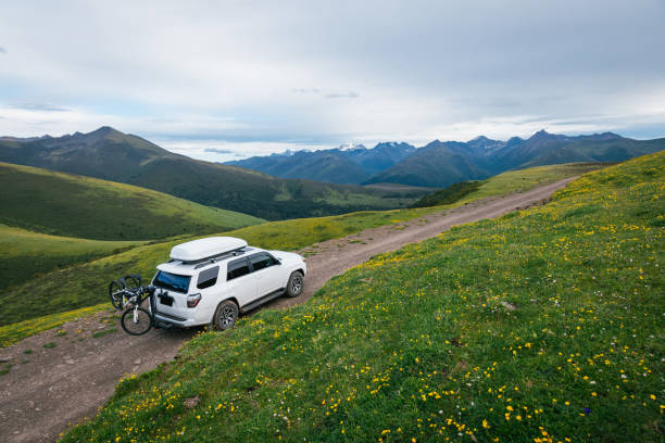 Offroad car carrying bikes on flowering grassland mountain under blue sky