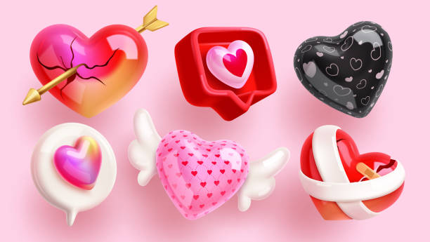 istock Love heart shape clip art set. Heart icon valentine symbol with cupid arrow, speech bubble, inflatable balloon with wings and broken 2189491247