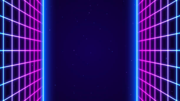 istock 3D Synthwave terrain landscape, digital blue purple glow cyberspace laser neon grid floor perspective, abstract futuristic retrowave poster design, 80s retro night arcade game tech style background 2189499908