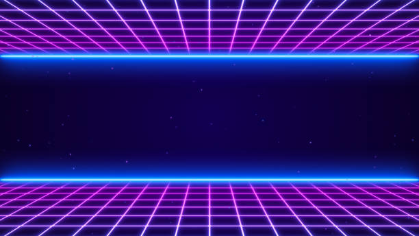 3D Synthwave terrain landscape, digital blue purple glow cyberspace laser neon grid floor perspective, abstract futuristic retrowave poster design, 80s retro night arcade game tech style background