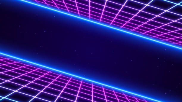 istock 3D Synthwave terrain landscape, digital blue purple glow cyberspace laser neon grid floor perspective, abstract futuristic retrowave poster design, 80s retro night arcade game tech style background 2189499912