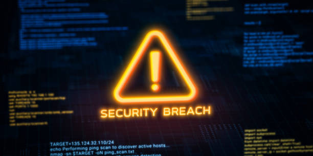 istock Business server show security breach alert warning sign, Hacker access private confidential database, Cyber attack data protection system exploit concept, hacking computer tech screen 3d rendering 2189499974