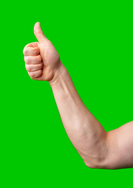 Person giving a thumbs up gesture with a green background in studio