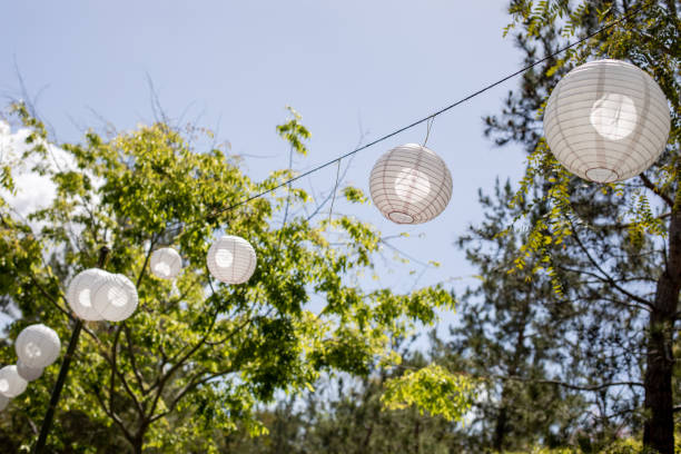 istock Pink lanterns hanging in the spring garden 2189521738