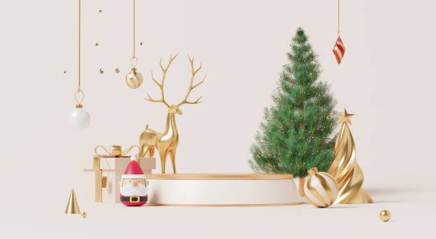 istock 3D render, Merry Christmas holiday background with empty podium for showing product, tree, golden deer, Santa, and ornaments arranged in festive new year scene. 2189526787