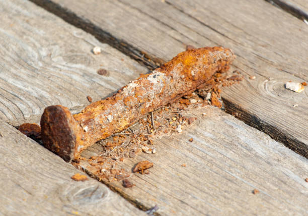 A rusty nail is laying on a wooden surface. The nail is old and has been exposed to the elements for a long time. The rust on the nail gives it a worn and weathered appearance