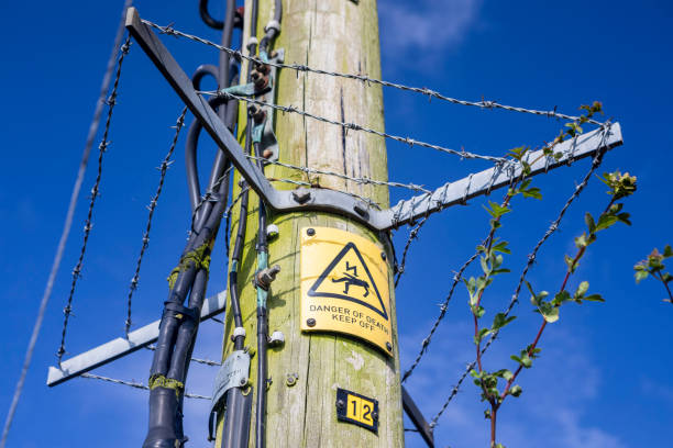 Close-up of barbed wire and danger sign with a blue summer sky