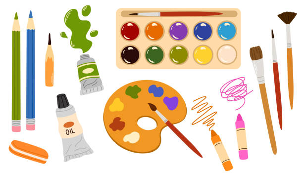 2555_art_set Painting tools set. Art supplies, paint tubes, brushes, pencil, watercolor, palette. Trendy modern vector illustration isolated on white, hand drawn, flat design. cute simple drawings pictures stock illustrations