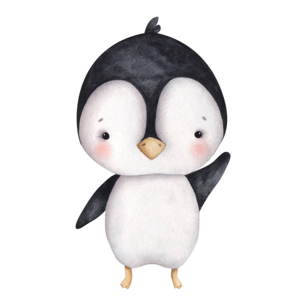 istock Penguins. Watercolor hand-drawn illustration with baby penguin that flaps its wing. Cute cartoon elements for kids. 2189541330