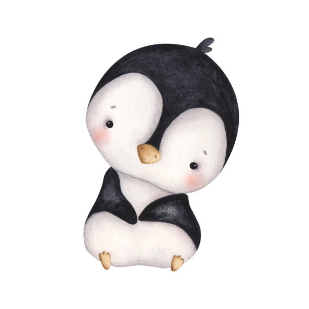 istock Penguins. Watercolor hand-drawn illustration with baby penguin who sits. Cute cartoon elements for kids. 2189541333