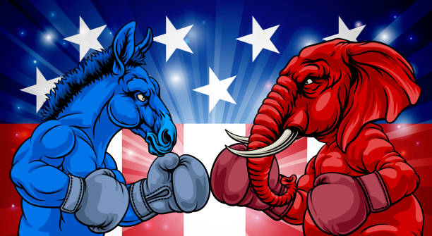 Republican Democrat Election Party Politics Republican and democrat elephant and donkey facing off American election party politics concept republican elephant logo stock illustrations