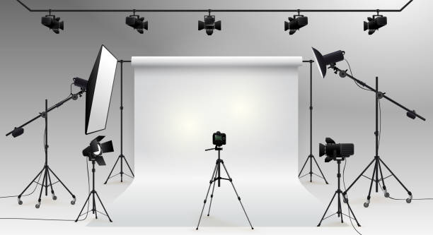 istock Photography studio vector. Photographic devices. Photo studio white blank background with soft box light, camera, tripod and backdrop. Vector illustration. Isolated on white background. 2189546670