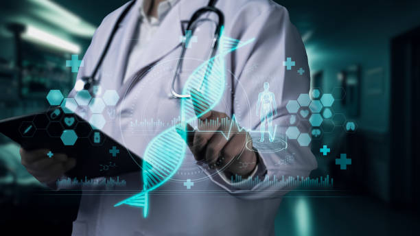 Close up of smart doctor holding tablet and pointing at DNA hologram. Remedial. Close up of smart doctor holding tablet and pointing at DNA hologram while standing at hospital. Skilled medical worker checking and diagnosis genetic disorder by analyzing DNA replication. Remedial. crispr photos stock pictures, royalty-free photos & images