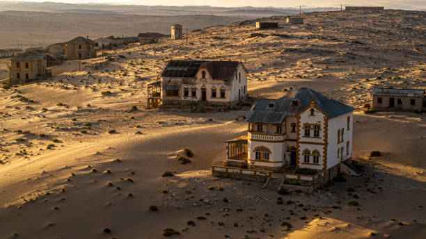 Medium wide view of historic homes at Kolmanskop, Namibia