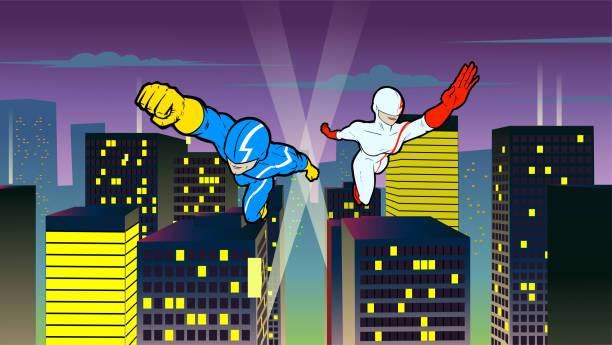 istock Vector Flying Superhero Couple with Cyberpunk City Background Stock Illustration 2189555585