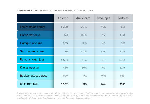 stockillustraties, clipart, cartoons en iconen met simple stylized blue data table with shaded rows layout template - tafel
