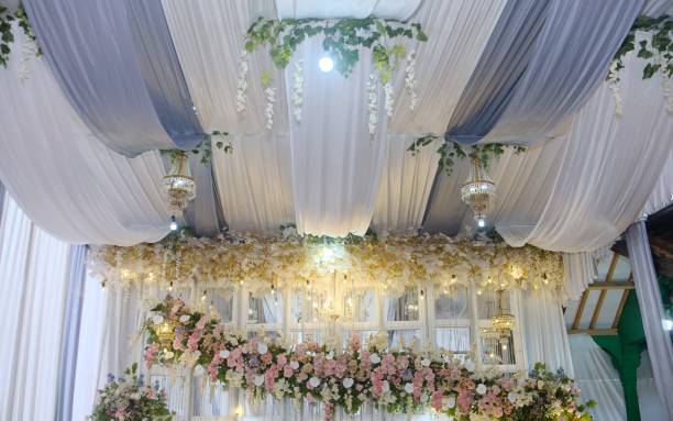 istock Elegant Floral Wedding Backdrop with Draped Ceiling and Chandelier Decorations 2189564789