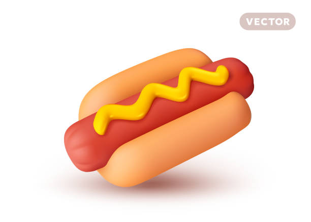 istock Vector illustration of realistic hot dog with mustard sauce on white color background. 3d style cartoon design of roast sausage in bun with shadow. Street meat fast food 2189566835