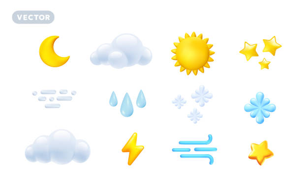 istock Vector forecast weather illustration of shine icon set with sun, fluffy cloud, crescent moon, star, wind symbol, rain drop, snowflake and thunderbolt on white background. 3d cartoon style weather element design. Sun, half moon, rain, lightning and cloud 2189567010