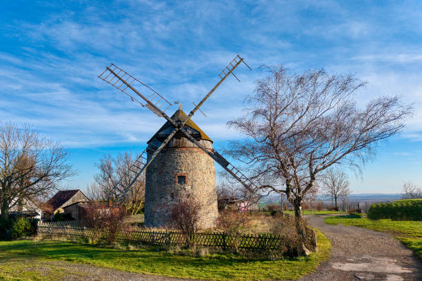 A view of the Hollaender Turmwindmuehle in Neuplatendorf in late autumn sunshine