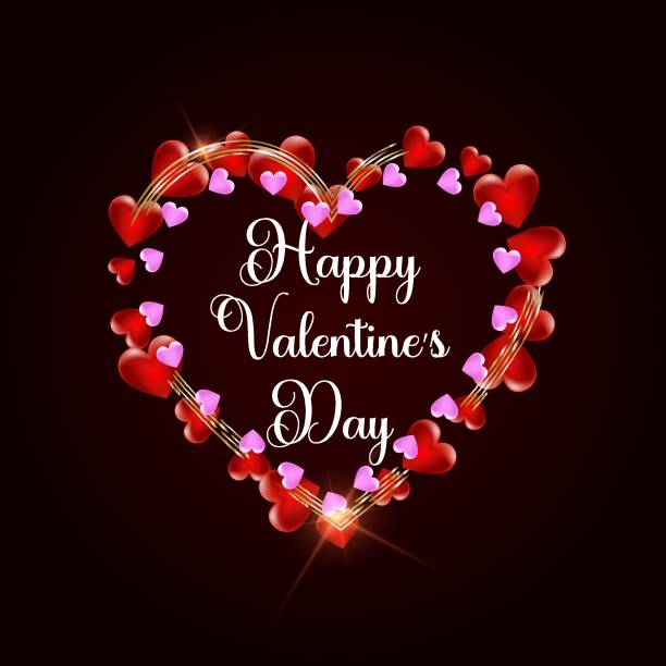 istock Happy Valentines Day background with red and pink hearts with golden heart shape frame and lettering. Template for Valentines Day greeting card design. Vector illustration. 2189579898