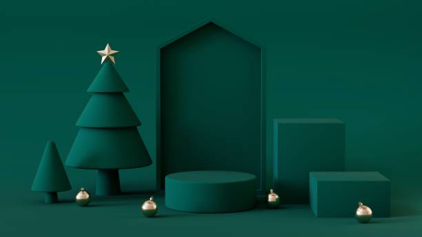 istock A minimalist Christmas scene with a dark green background, featuring geometric shapes, stylized trees, a golden star, and scattered golden ornaments for a modern festive touch. 2189580884