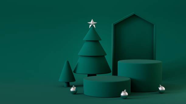 istock A minimalist Christmas scene with a dark green background, featuring geometric shapes, stylized trees, a golden star, and scattered golden ornaments for a modern festive touch. 2189580887