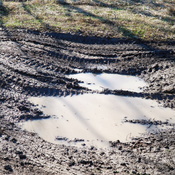 Snowy Icy Muddy Road with Sunset Reflections - Warm light from sunset clouds reflecting in melted muddy water with tire tracks on backcountry dirt road.
