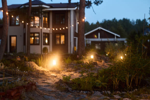 Experience a Charming Outdoor Evening Setup Featuring Stunning Garden Lights for Ambiance