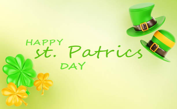 istock Happy St Patrick day 3d banner. Clover shamrock leaf with leprechaun hat on light green background render. Irish festive poster, greeting card, invitation to spring festival or party 2189581440