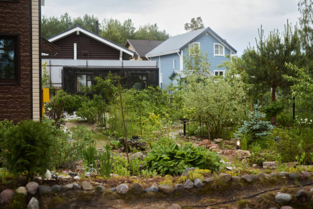 country house and garden and pond
